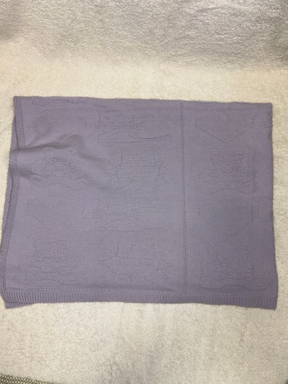 Knitmaker Soft Lavender Knit Baby Blanket Teddy Bear sun hearts vintage USA